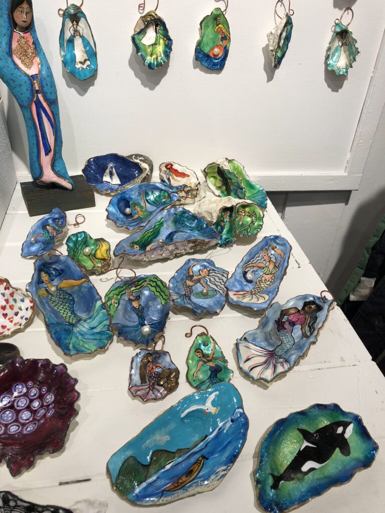 Painted oyster shells for sale at Mahon Hall.